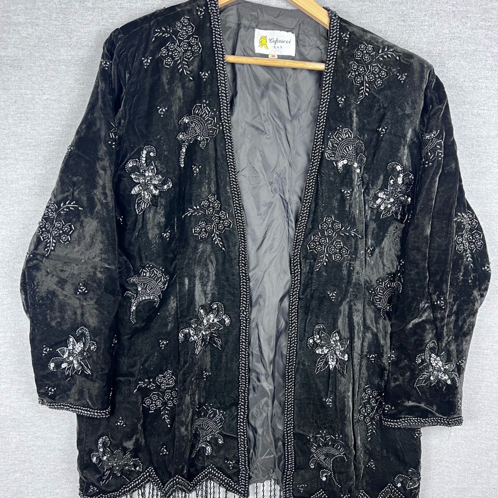 Vintage 60s Capricci Black Velvet Beaded Fringe Evening Jacket Cardigan Size 14